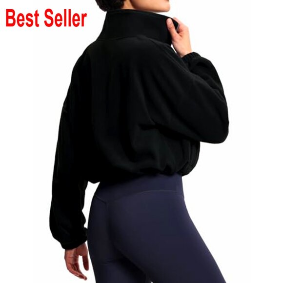 Half Zip Crop Pullover Sweatshirt Fleece Loose Fit Workout Top with Pockets - Picture 4 of 7